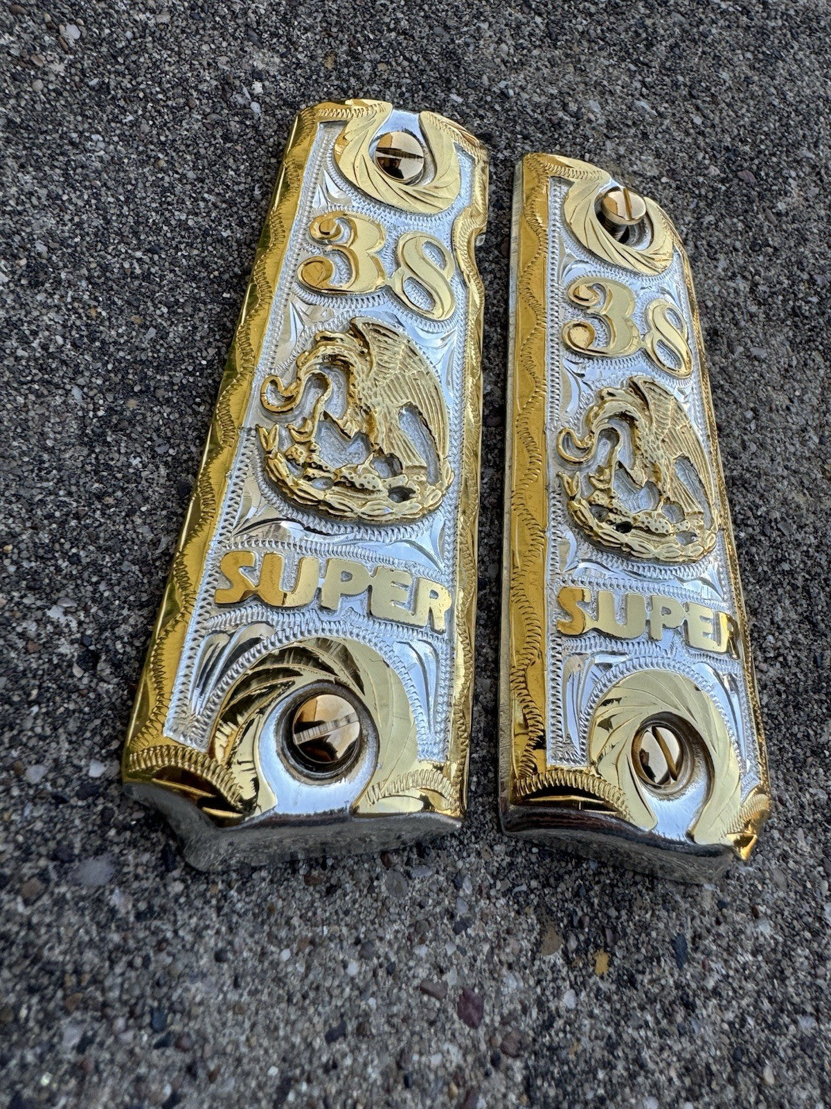 1911 45 38 Super Full Size Aguila Gold Gun Pistol Grip Cachas & 24K Screws