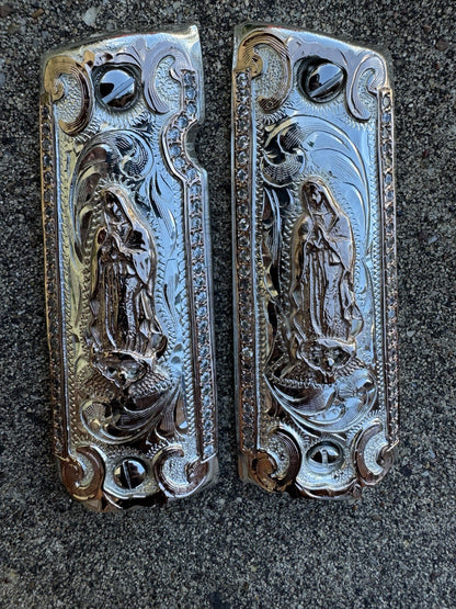 1911 ZIRCONIA 45 38 SUPER VIRGEN DE GUADALUPE ROSE GOLD GUN PISTOL GRIP CACHAS
