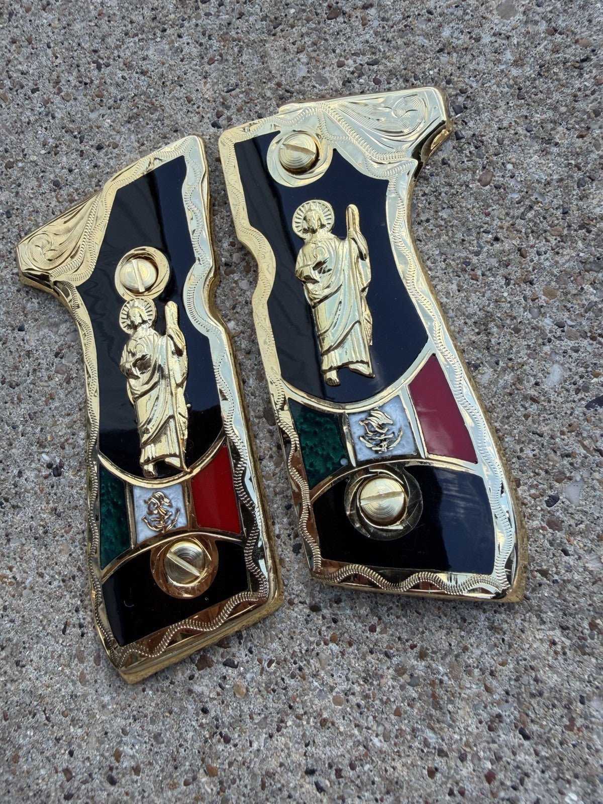 Beretta 92FS Cachas San Judas Gold Plated Pistol Custom Grips & Gold Screws