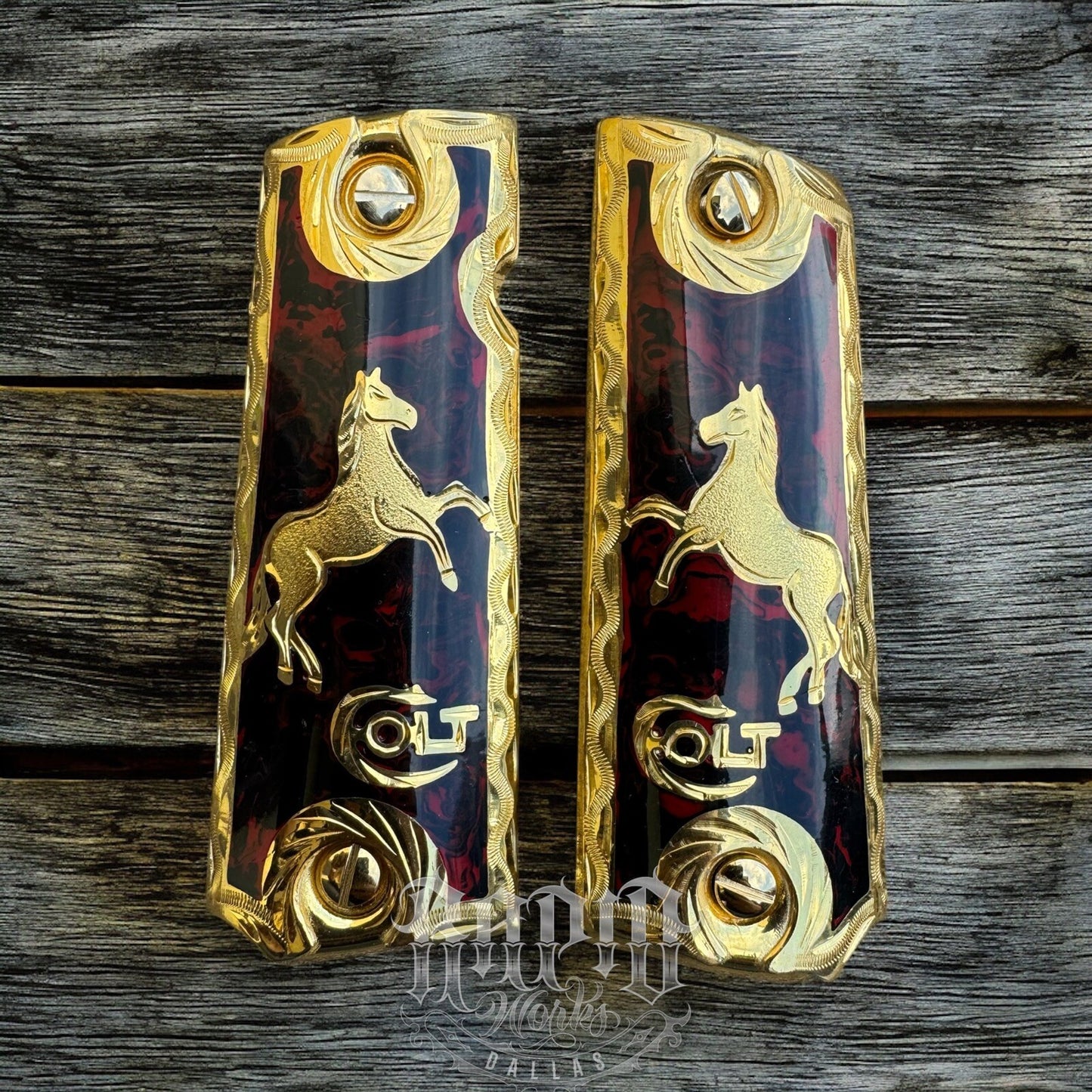 1911 45 38 Super Full Size Red Colt Horse Gun Pistol Grip Cachas & 24K Screws