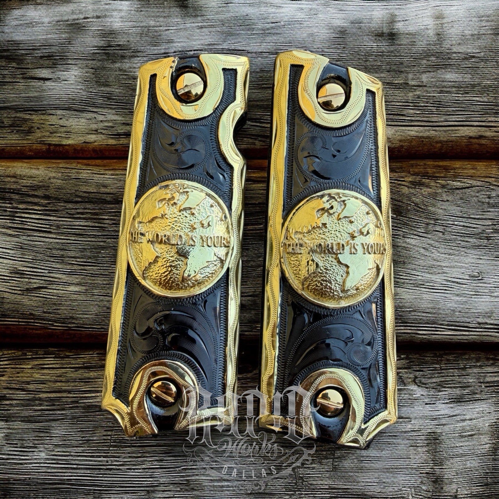 1911 45 38 Super Full Size World Is Yours Gold Gun Pistol Grip Cachas & 24KScrew