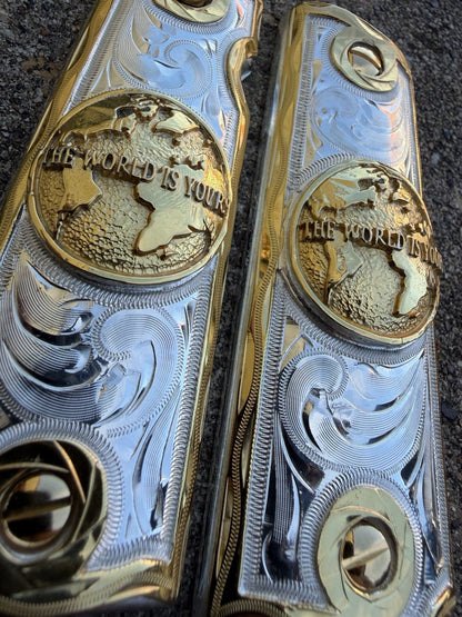1911 45 38 Super Full Size WORLD IS YOURS Gold Gun Pistol Grip Cachas & 24KScrew