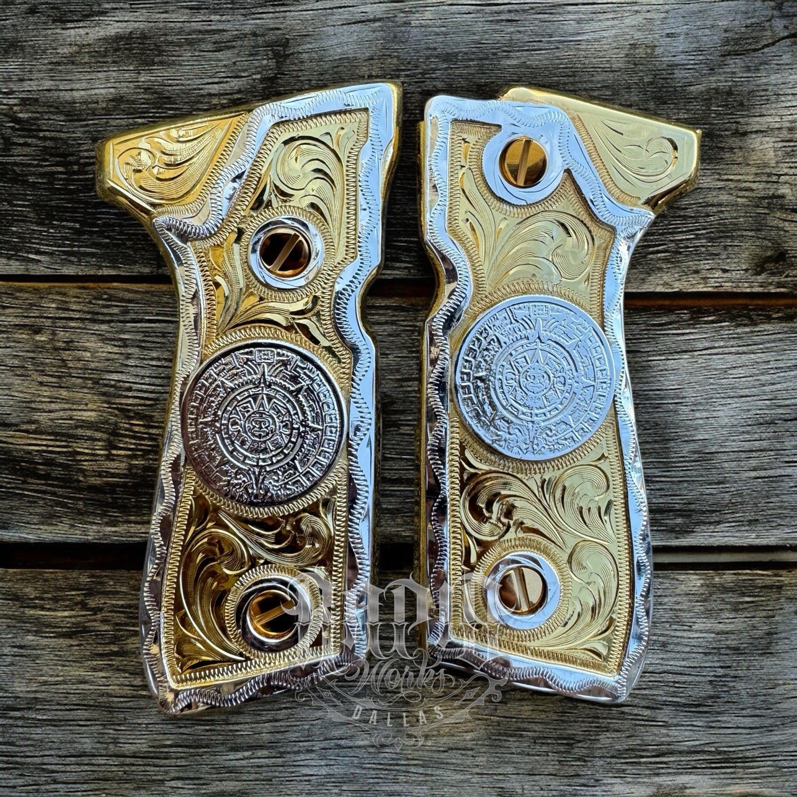 Beretta 92FS Cachas Azteca Gold Plated Pistol Custom Grips & Gold Screws