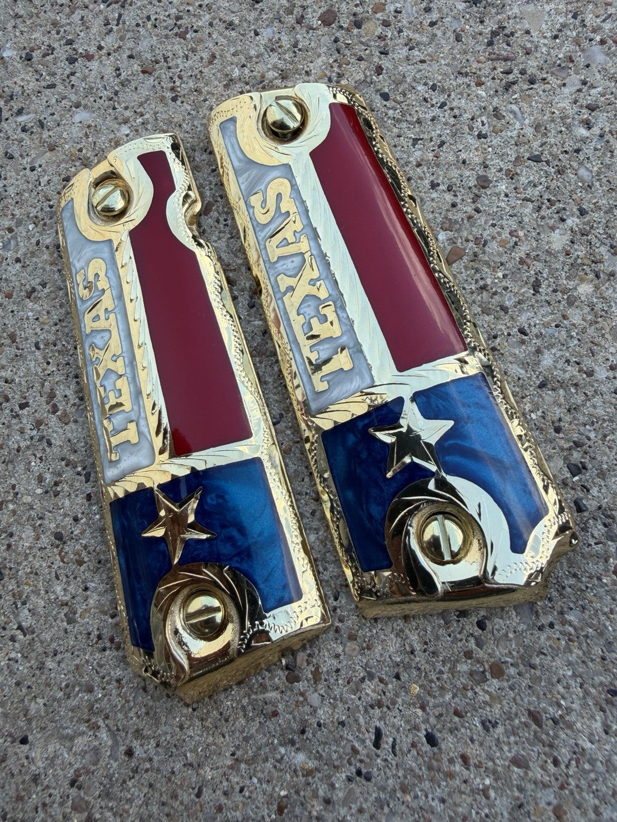 1911 45 38 Super Full Size Texas Gold Gun Pistol Grip Cachas & 24K Screws