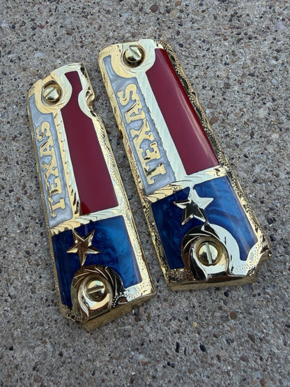 1911 45 38 Super Full Size Texas Gold Gun Pistol Grip Cachas & 24K Screws