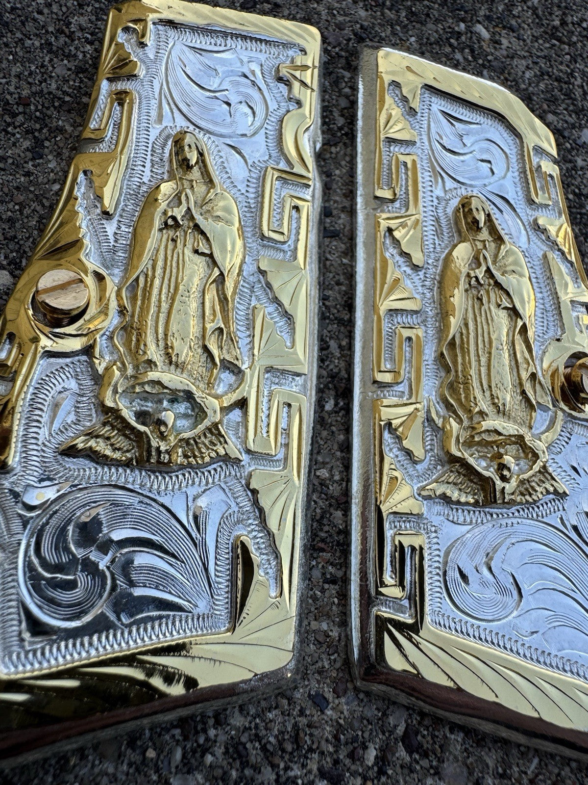 Browning Hi-Power 9mm Virgen De Guadalupe Gold Gun Pistol Grip Cachas & Screws