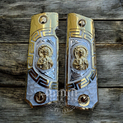 1911 45 38 Super Full Size San Judas Gold Gun Pistol Grip Cachas & 24K Screws