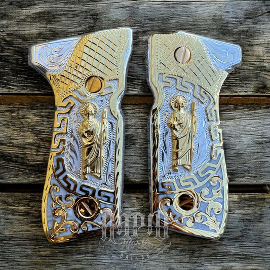 Beretta 92FS Cachas San Judas Gold Plated Pistol Custom Grips & Gold Screws