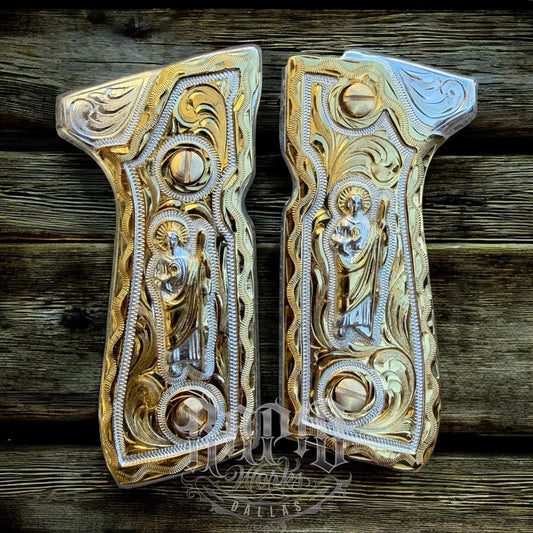 Beretta 92FS Cachas San Judas Gold Plated Pistol Custom Grips & Gold Screws