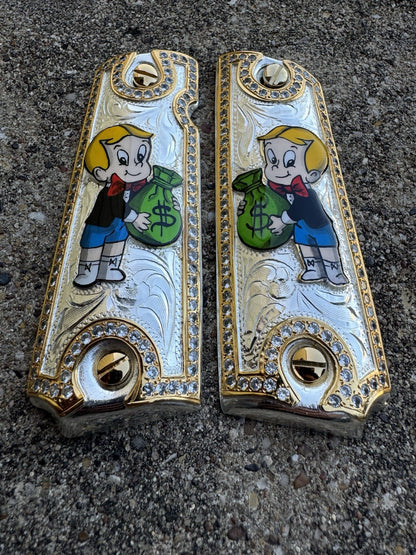 1911 ZIRCONIA 45 38 SUPER RICHIE RICH GOLD GUN PISTOL GRIP CACHAS & 24K SCREWS