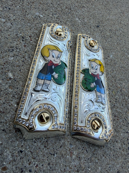 1911 ZIRCONIA 45 38 SUPER RICHIE RICH GOLD GUN PISTOL GRIP CACHAS & 24K  SCREWS