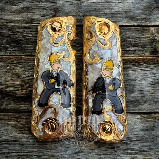 1911 45 38 Super Full Size Homer Simpson Gold Gun Pistol Grip Cachas & 24K Screw
