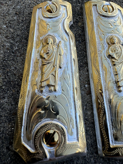 1911 Full Size 45 38 Super San Judas Gold Gun Pistol Grip Cachas & 24K Screws