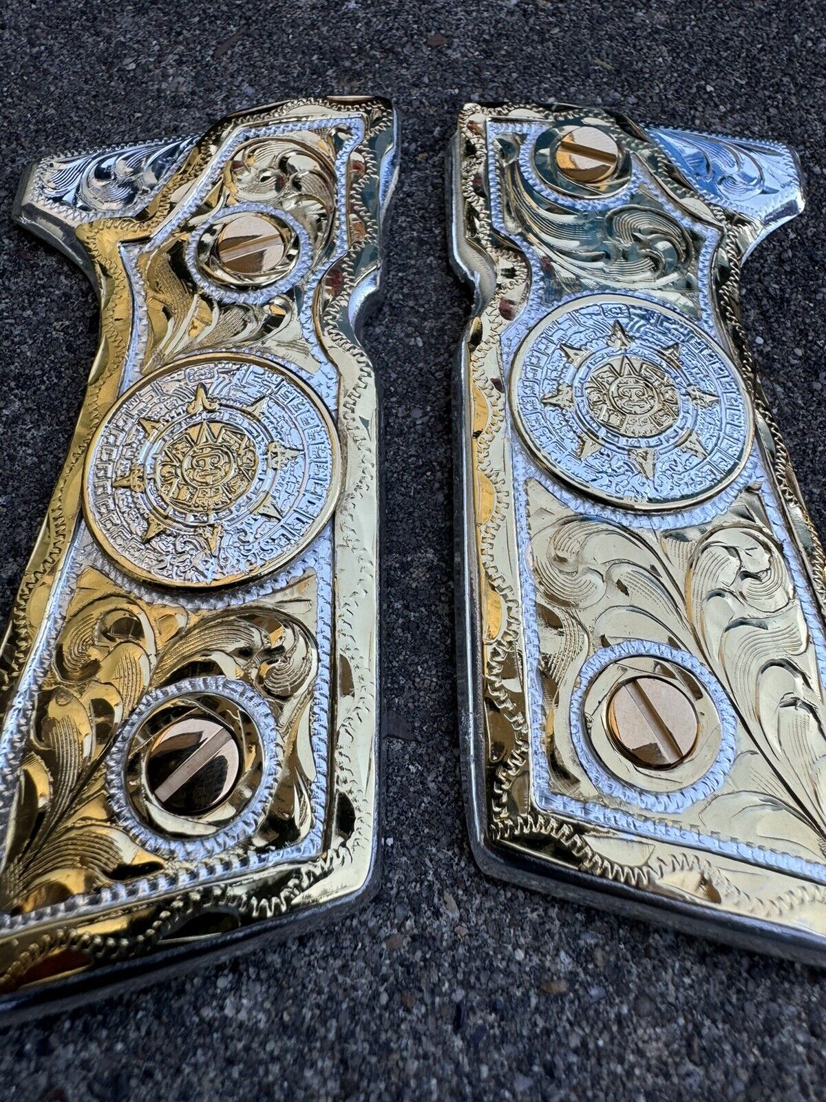 Beretta 92FS Cachas Aztec Calendario Gold Plated Pistol Custom Grips & 24k Screw