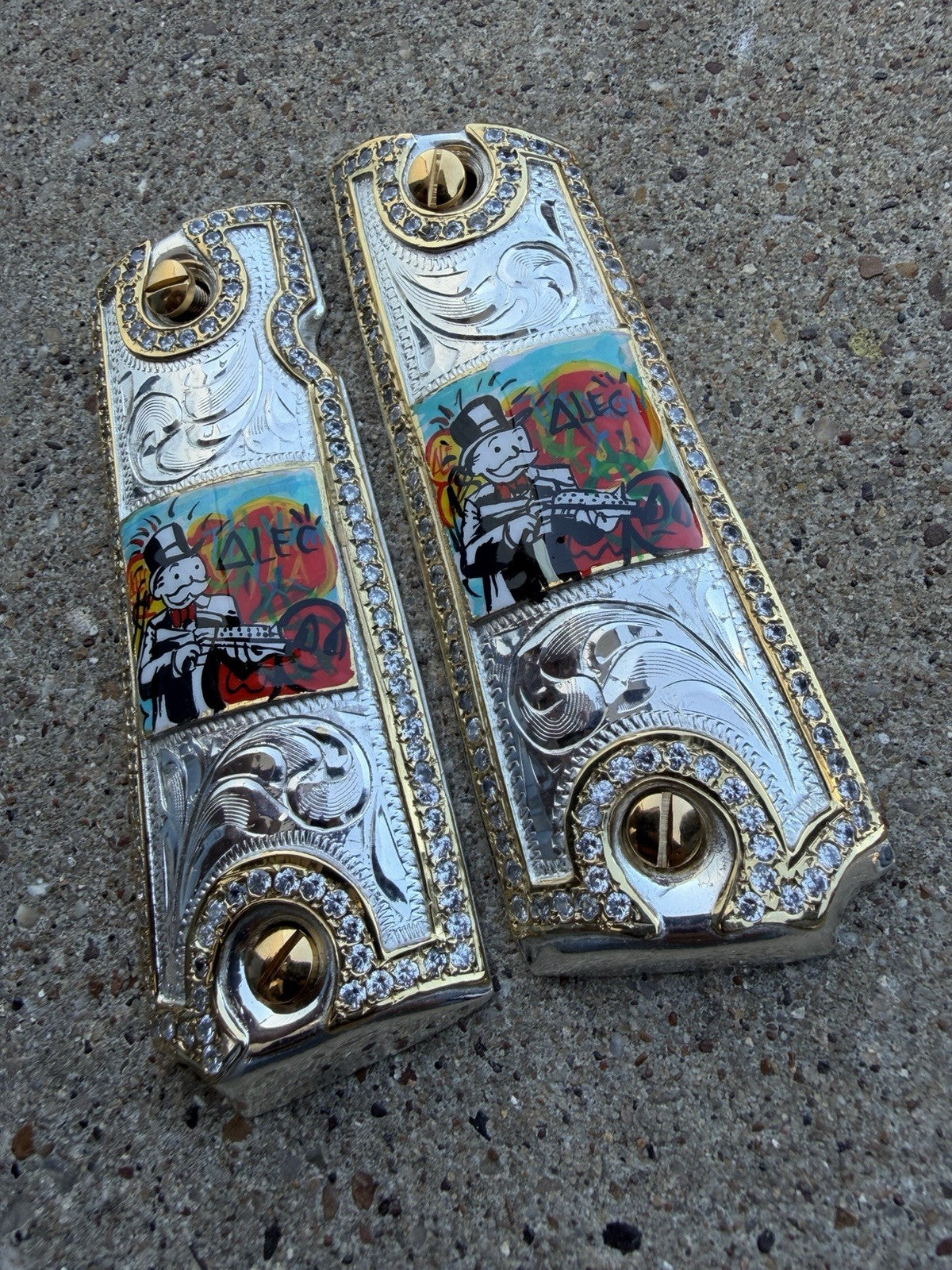 1911 ZIRCONIA 45 38 SUPER MONOPOLY GOLD GUN PISTOL GRIP CACHAS & 24K  SCREWS