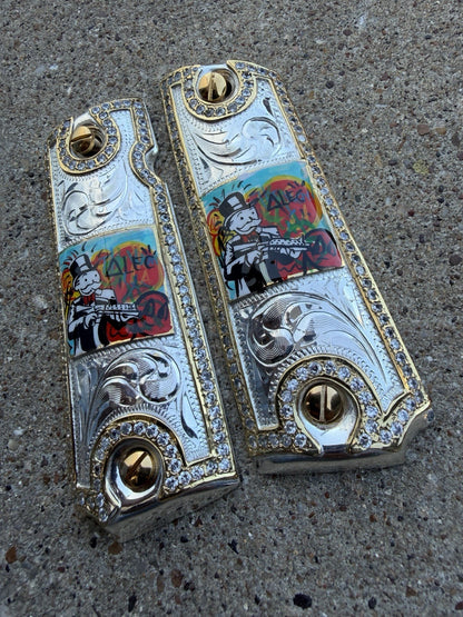 1911 ZIRCONIA 45 38 SUPER MONOPOLY GOLD GUN PISTOL GRIP CACHAS & 24K  SCREWS