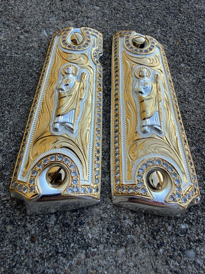 1911 ZIRCONIA 45 38 SUPER SAN JUDAS GOLD GUN PISTOL GRIP CACHAS & 24K SCREWS