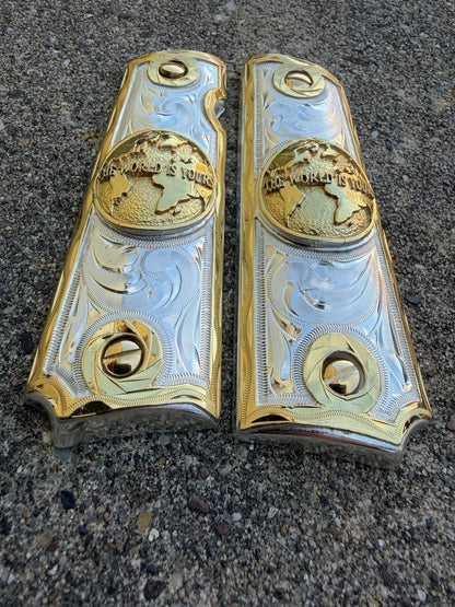 1911 45 38 Super Full Size WORLD IS YOURS Gold Gun Pistol Grip Cachas & 24KScrew