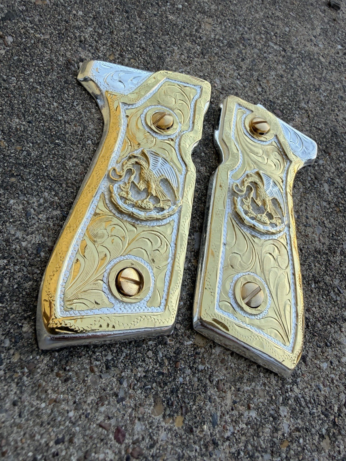 Beretta 92FS Cachas Mexican Eagle Gold Plated Pistol Custom Grips & Gold Screws