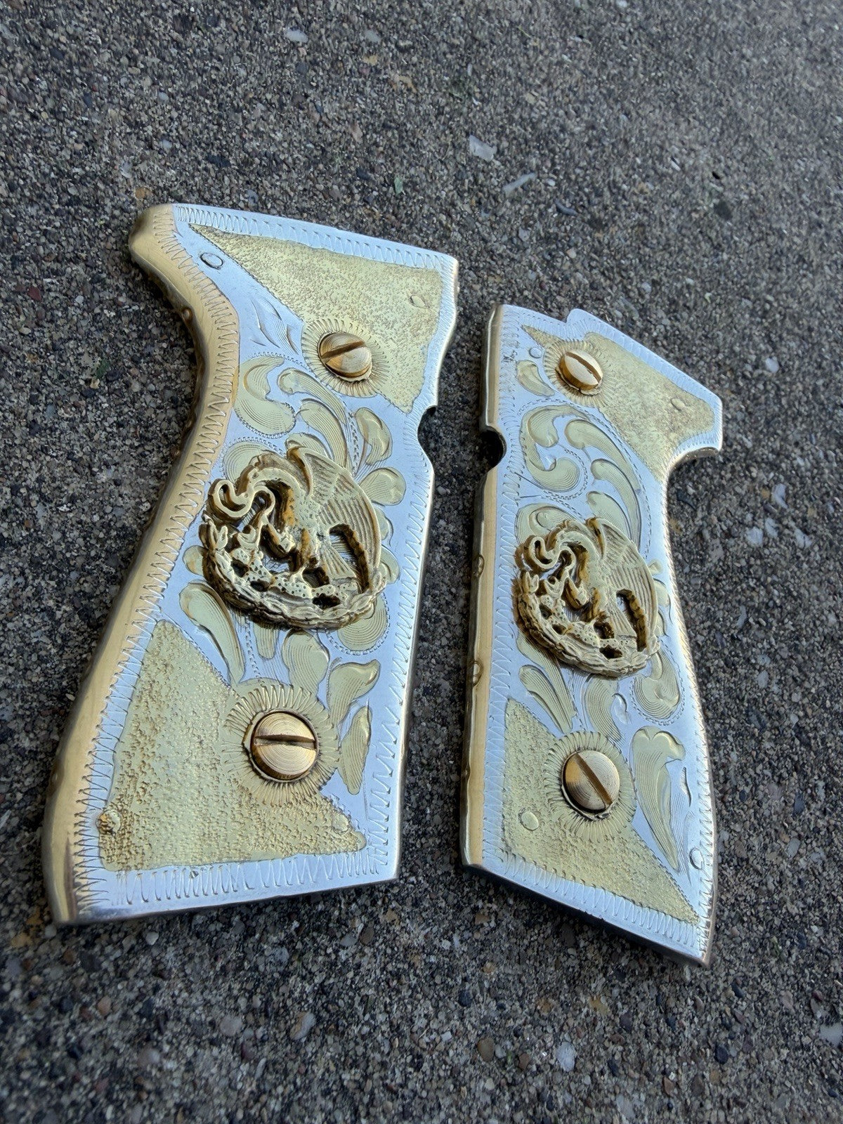 Beretta 92FS Cachas Mexican Eagle Gold Plated Pistol Custom Grips & Gold Screws