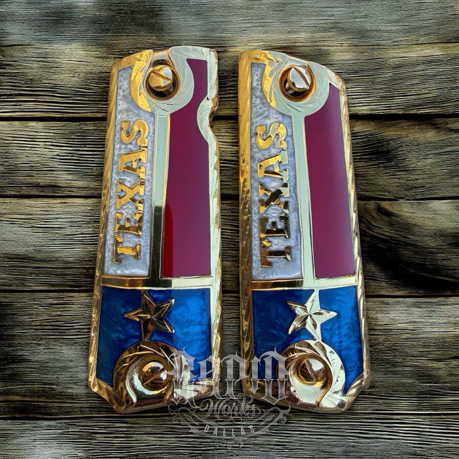 1911 45 38 Super Full Size Texas Gold Gun Pistol Grip Cachas & 24K Screws