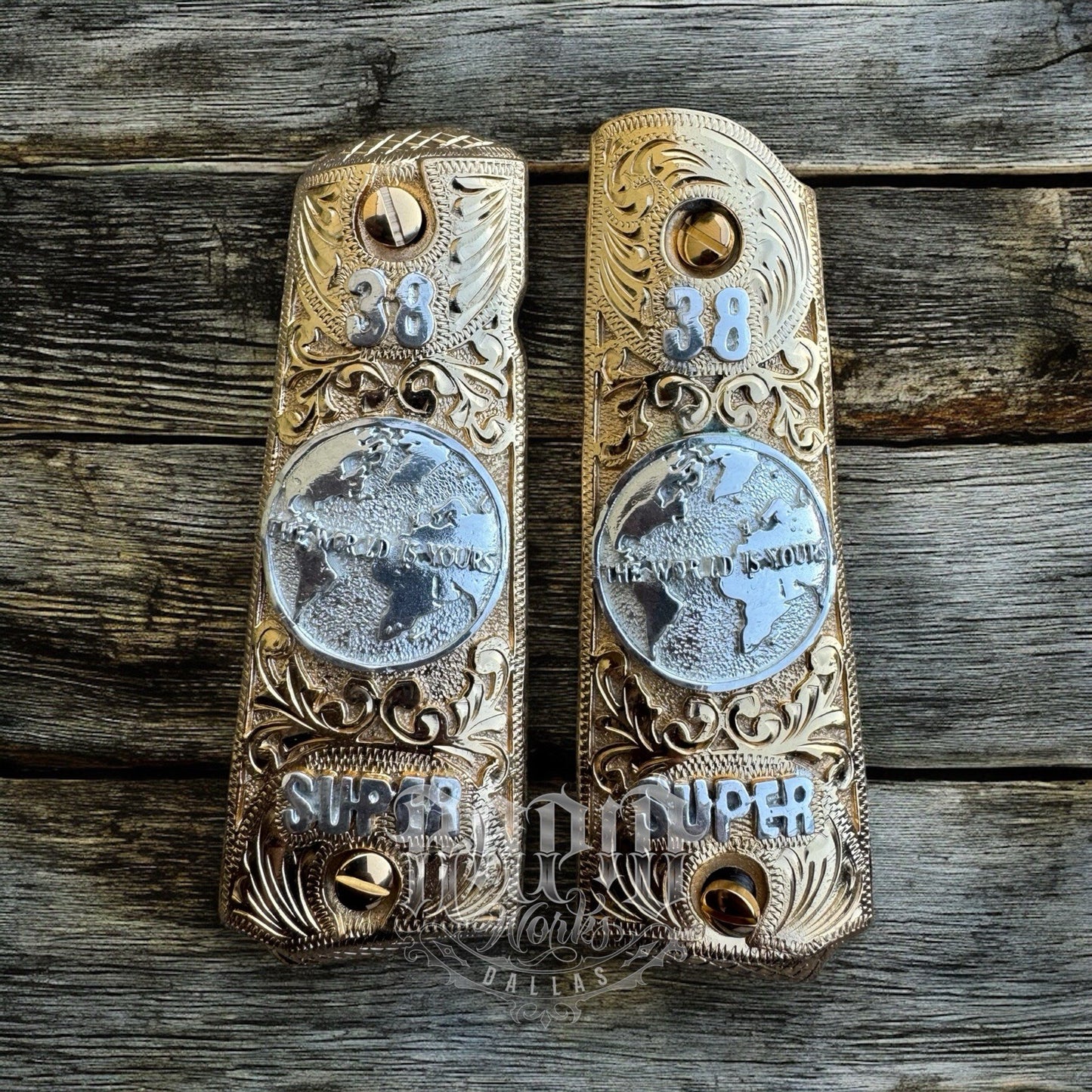 1911 45 38 Super Full Size World Is Yours Gold Gun Pistol Grip Cachas & 24KScrew