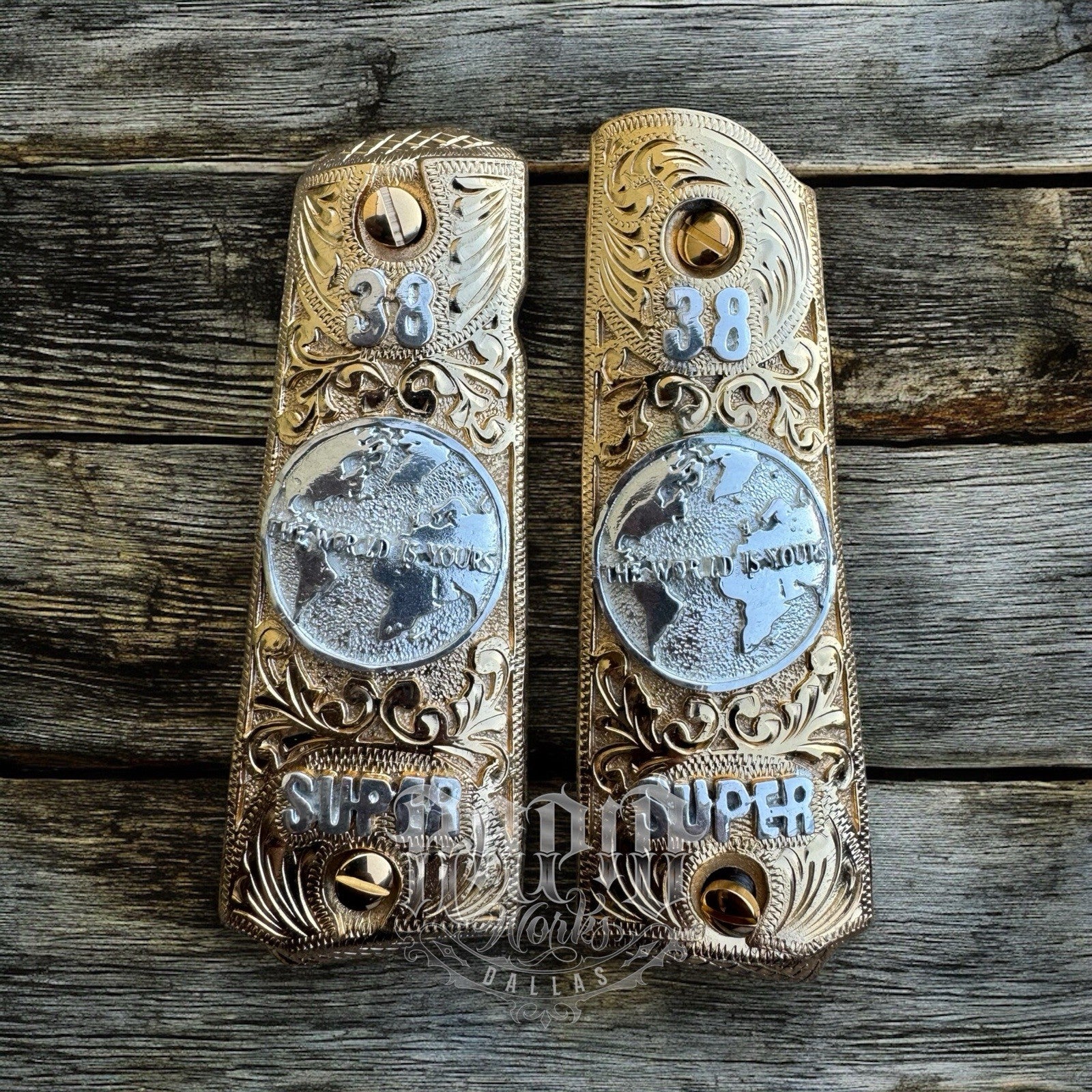 1911 45 38 Super Full Size World Is Yours Gold Gun Pistol Grip Cachas & 24KScrew