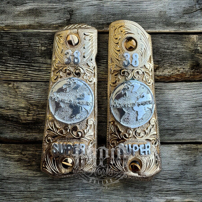1911 45 38 Super Full Size World Is Yours Gold Gun Pistol Grip Cachas & 24KScrew