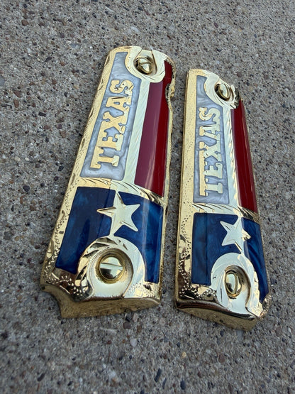 1911 45 38 Super Full Size Texas Gold Gun Pistol Grip Cachas & 24K Screws
