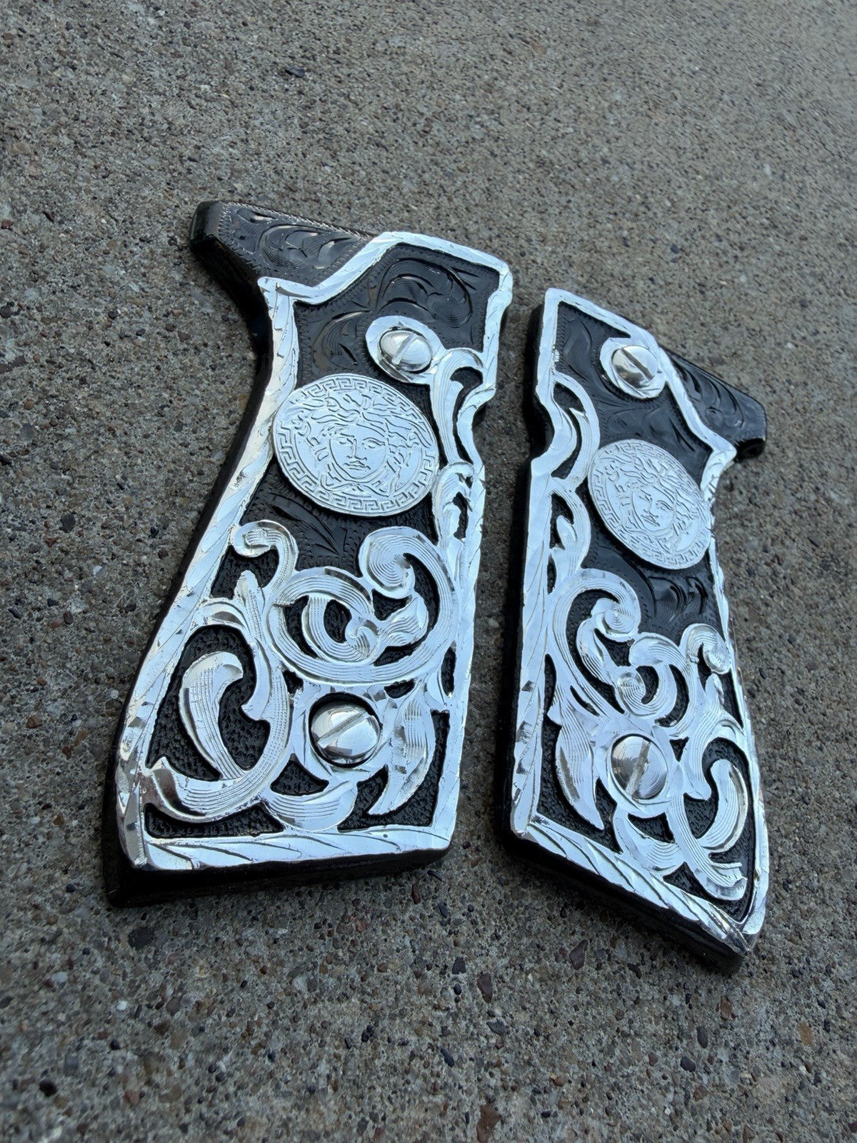 Beretta 92FS Cachas Versace Silver Plated Pistol Custom Grips & Silver Screws