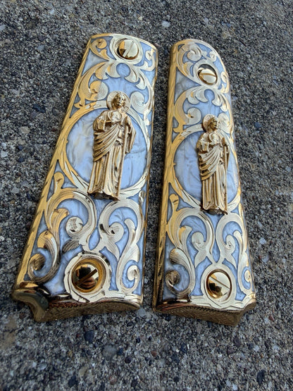 1911 45 38 Super Full Size San Judas Gold Gun Pistol Grip Cachas & 24K Screws