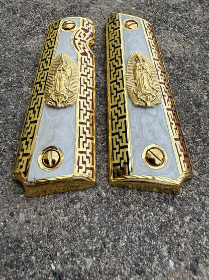 1911 45 38 Super Full Size Virgen De Guadalupe Gold Gun Grip Cachas & 24K Screws