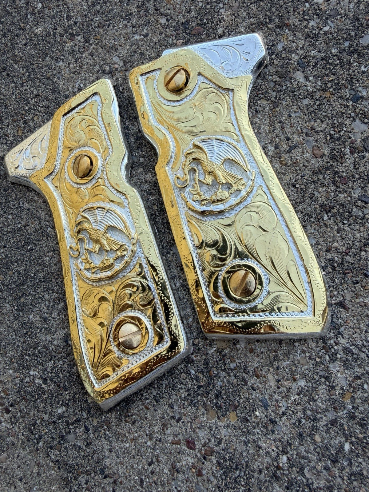 Beretta 92FS Cachas Mexican Eagle Gold Plated Pistol Custom Grips & Gold Screws