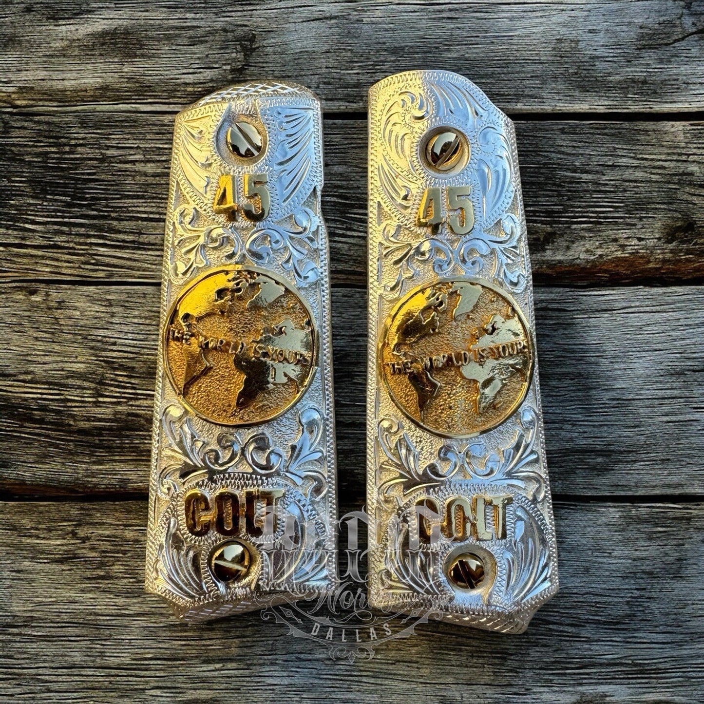 1911 45 38 Super Full Size World Is Yours Gold Gun Pistol Grip Cachas & 24KScrew