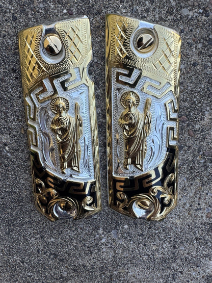 1911 45 38 Super San Judas Full Size Gold Gun Pistol Grip Cachas & 24K Screws