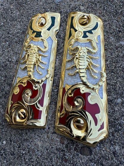 1911 45 38 Super Scorpion Full Size Gold Gun Pistol Grip Cachas & 24K Screws