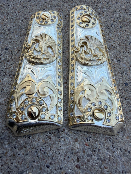 1911 ZIRCONIAS 45 38 SUPER MEXICAN EAGLE GOLD GUN PISTOL GRIP CACHAS & 24K SCREW