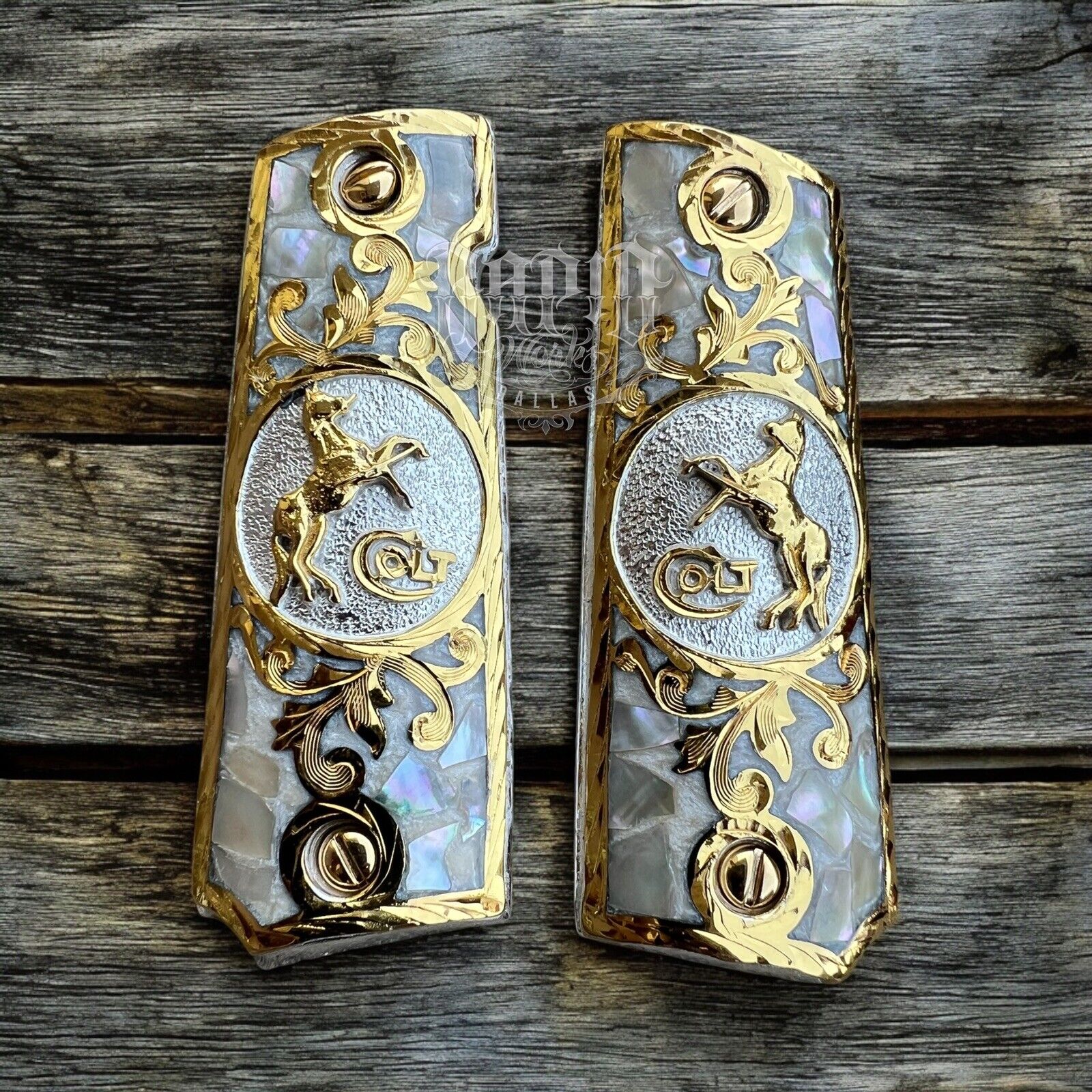 1911 45 38 Super Full Size Colt Gold Gun Pistol Grip Cachas Chapeado &24K Screws