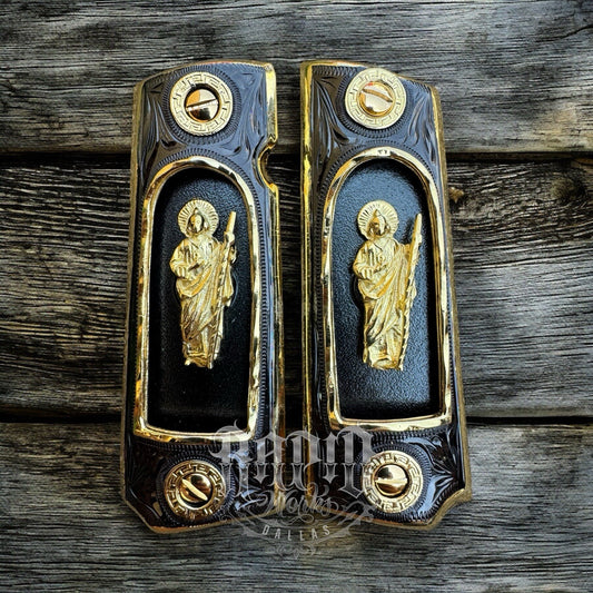 1911 45 38 Super San Judas Full Size Gold Gun Pistol Grip Cachas & 24K Screws