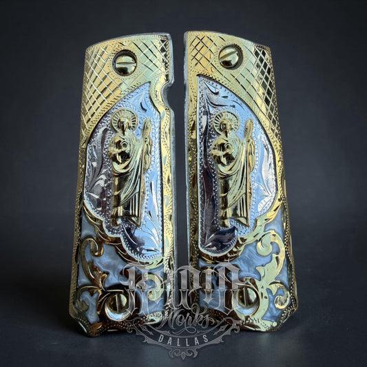1911 45 38 Super Full Size San Judas Gold Gun Pistol Grip Cachas & 24K Screws