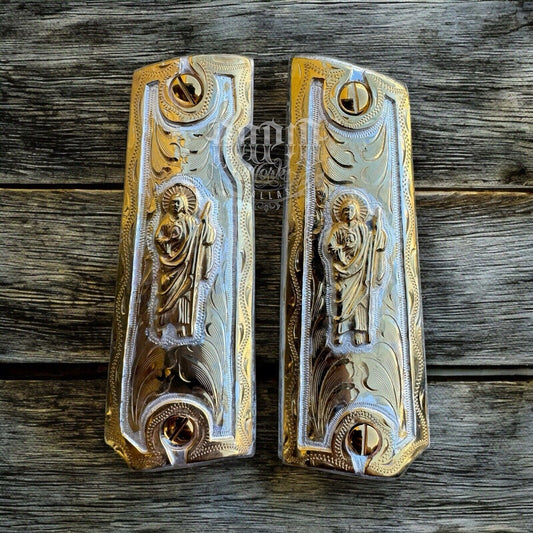 1911 Full Size 45 38 Super San Judas Gold Gun Pistol Grip Cachas & 24K Screws