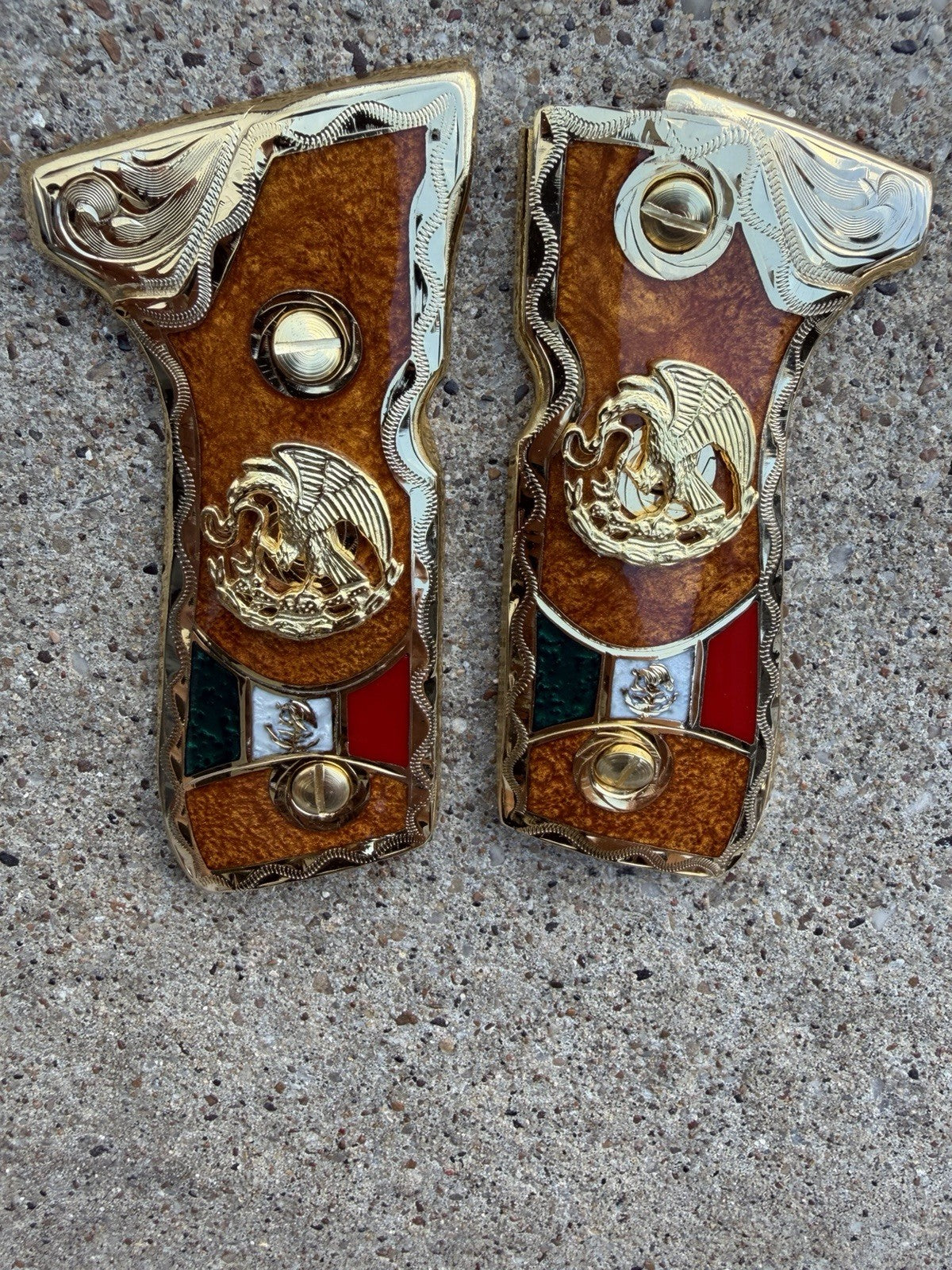 Beretta 92FS Cachas Mexican Eagle Gold Plated Pistol Custom Grips & Gold Screws