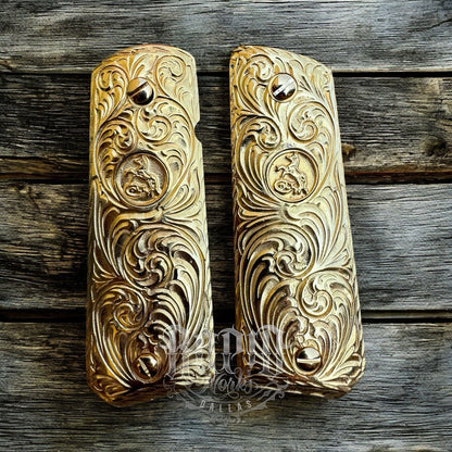 1911 45 38 Super Colt Horse Full Size Gold Gun Pistol Grip Cachas & 24K Screws