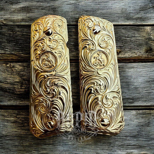 1911 45 38 Super Colt Horse Full Size Gold Gun Pistol Grip Cachas & 24K Screws