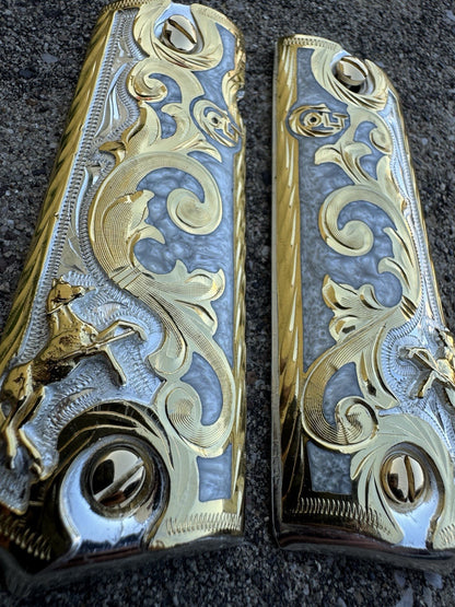 1911 45 38 Super Colt Horse Full Size Gold Gun Pistol Grip Cachas & 24K Screws