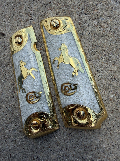 1911 45 38 Super Full Size Horse Gold Gun Pistol Grip Cachas & 24K Screws