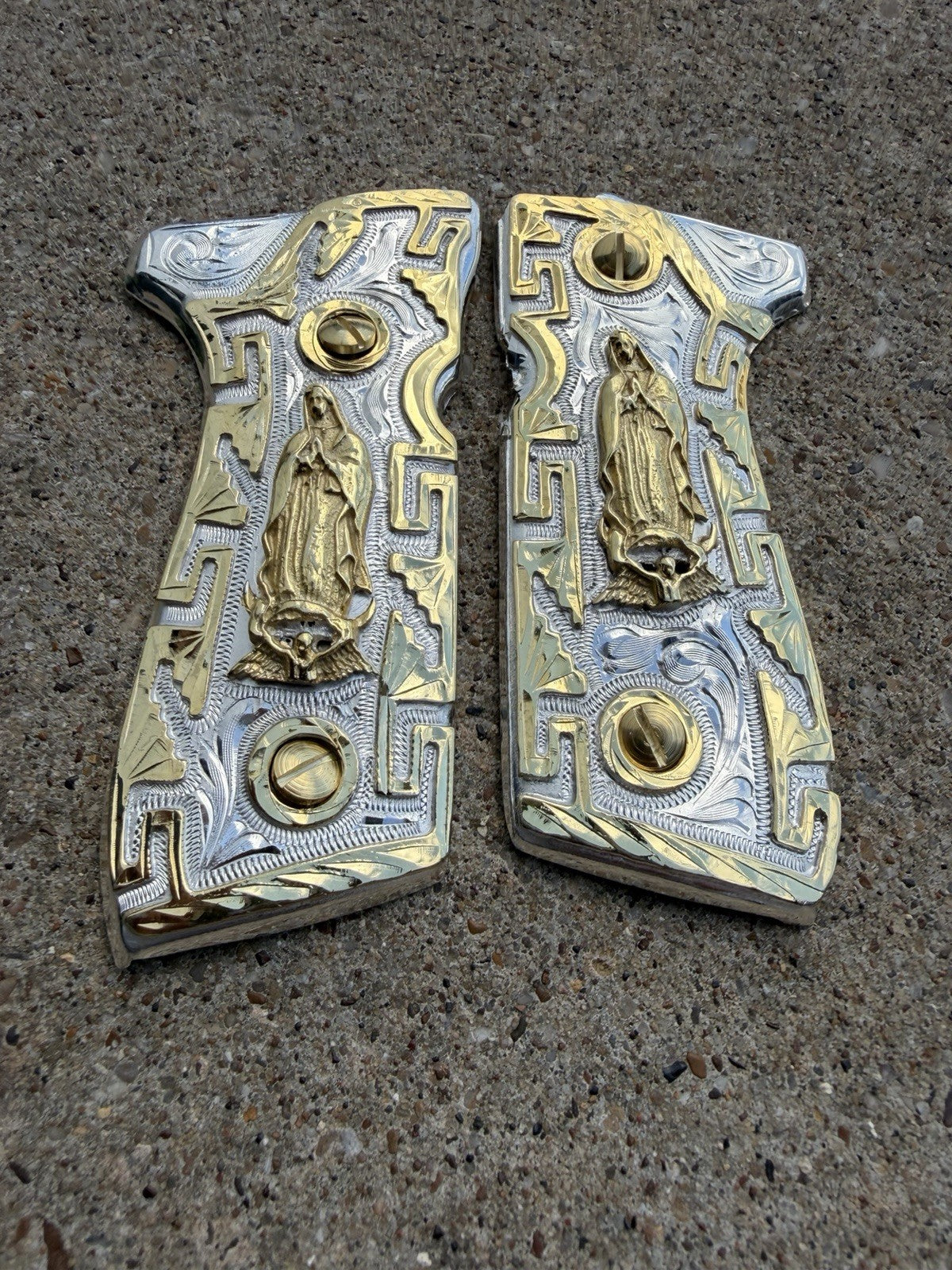 Beretta 92FS Cachas Virgen De Guadalupe Gold Plated Pistol Grips & Gold Screws