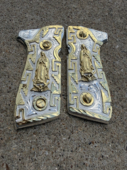 Beretta 92FS Cachas Virgen De Guadalupe Gold Plated Pistol Grips & Gold Screws