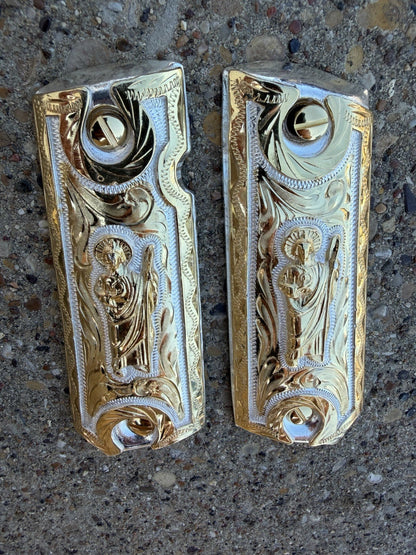 1911 45 38 Super Full Size San Judas Gold Gun Pistol Grip Cachas & 24K Screws