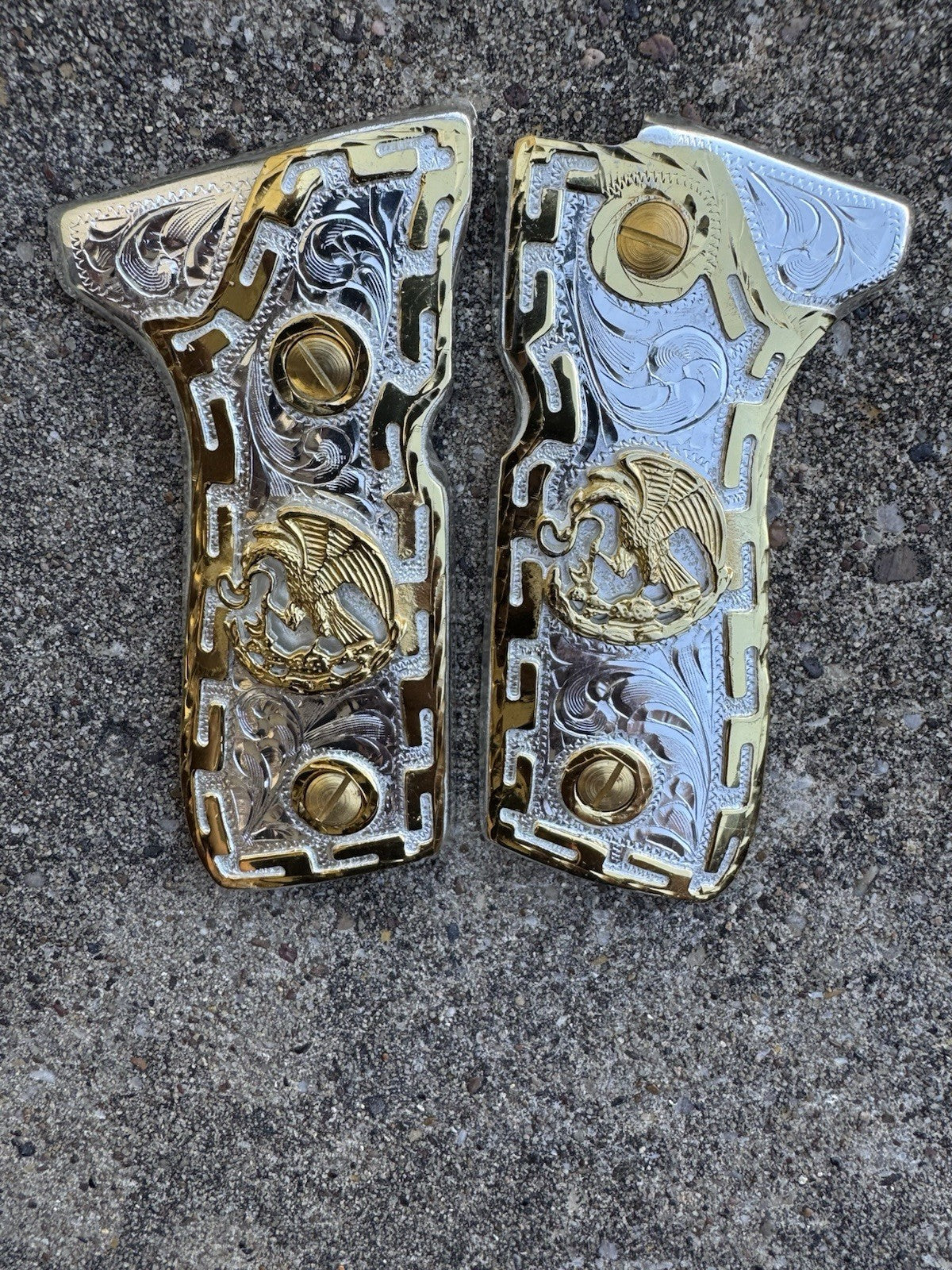 Beretta 92FS Cachas Mexican Eagle Gold Plated Pistol Custom Grips & Gold Screws